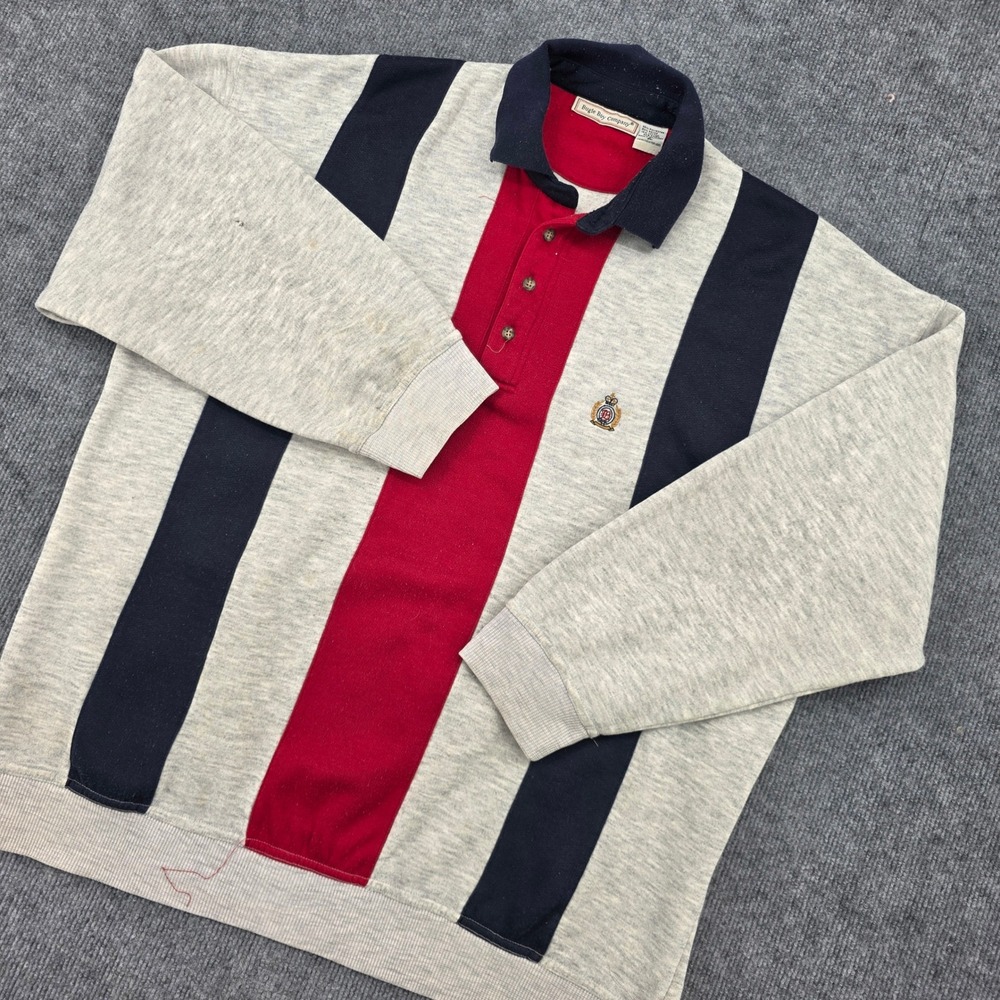 Vintage Bugle Boy Company Vertical Stripe Polo Sweatshirt Gray Navy Red XL